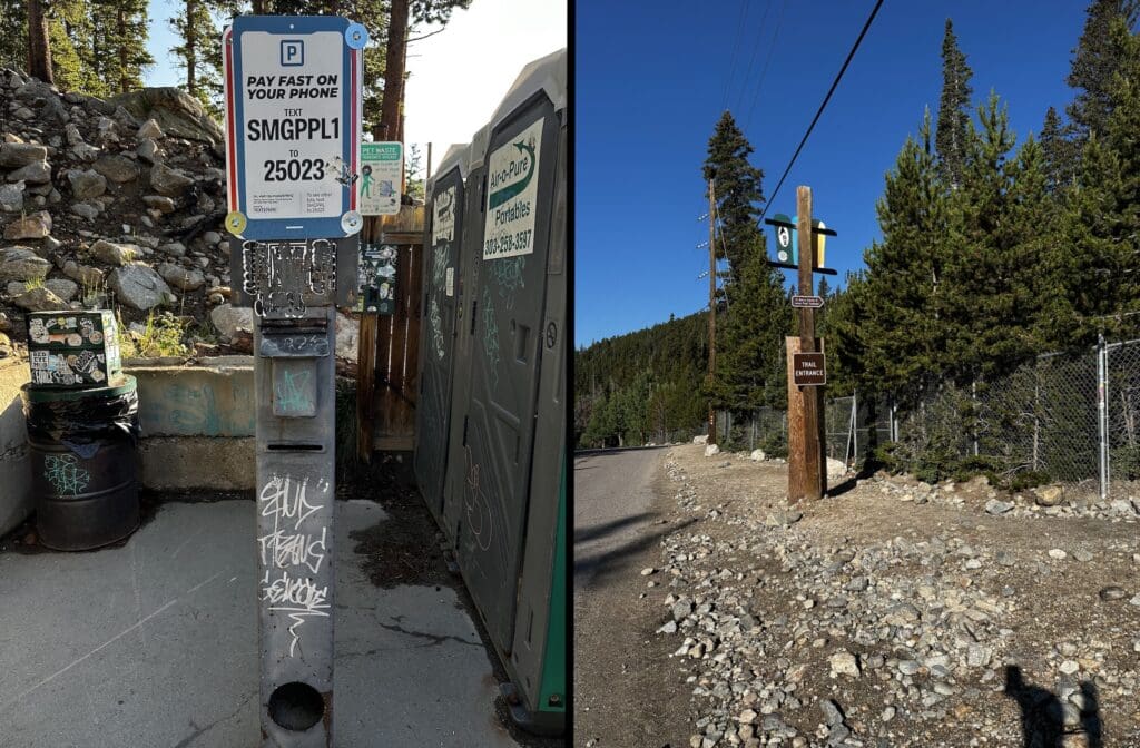Payment station at St. Mary's Trailhead (left) The start of St. Mary's Glacier Trail (right)